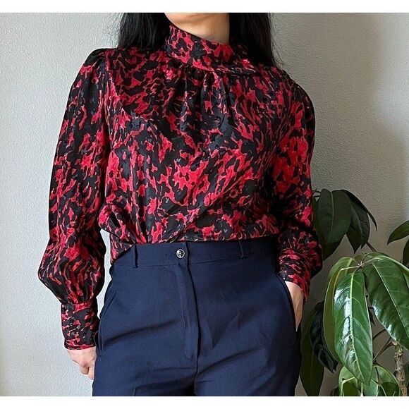 vtg 80s long sleeve satiny blouse red black glam classic maximalist style large - Picture 8 of 9